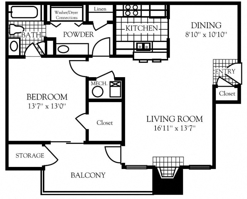Floor plan for 1 bed, 1 bath, 807 sqft